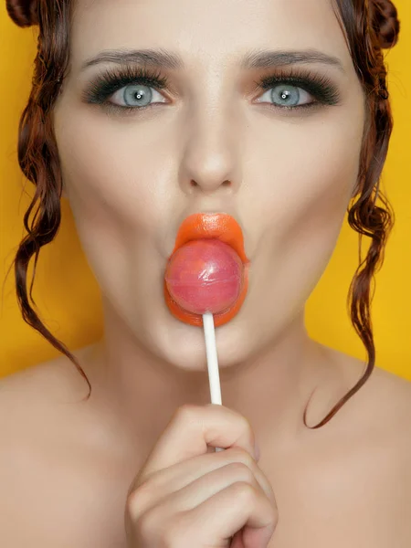 Close Shot Model Lollipop Lips — Stock Photo, Image