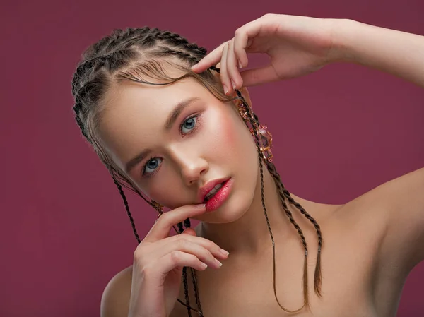 Young Model Braided Hair Posing Studio — Stock Photo, Image