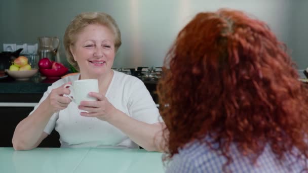 Oudere Moeder Volwassen Dochter Praten Keuken — Stockvideo