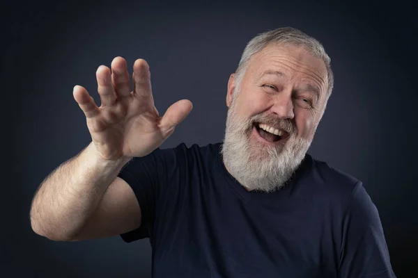 Elderly Man Gray Beard Laughing His Palm — Stock Photo, Image