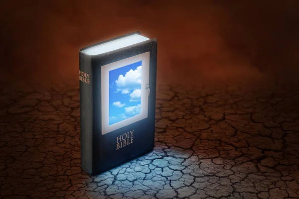 Holy Bible Window Cover Which Blue Sky Can Seen Standing — Stock Photo, Image