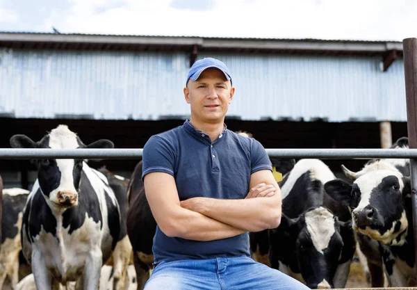 Agricultor en granja con vacas lecheras — Foto de Stock