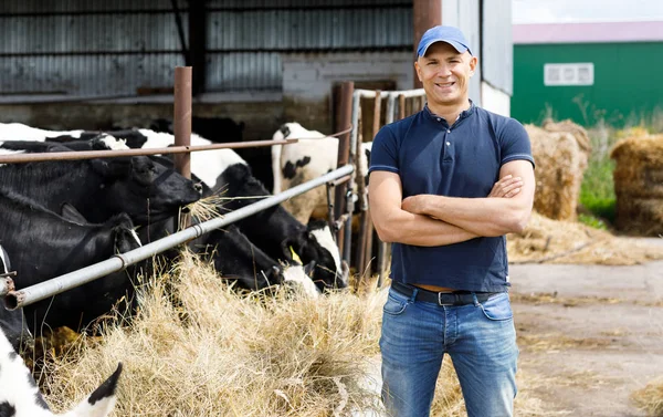 Rolnik w gospodarstwie z krów mlecznych — Zdjęcie stockowe
