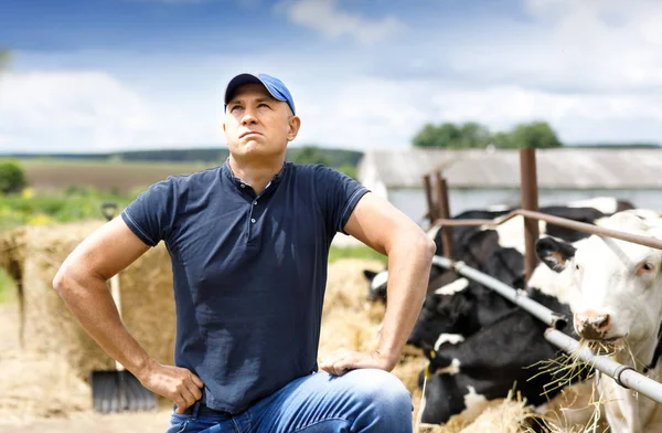 Αγρότη στο αγρόκτημα με αγελάδες γαλακτοπαραγωγής — Φωτογραφία Αρχείου