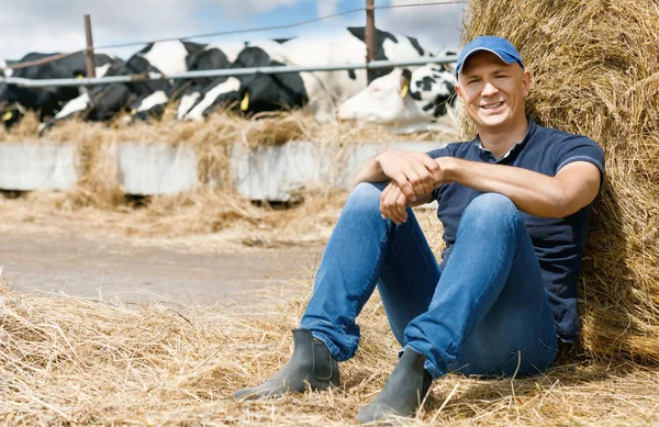Ένας χαρούμενος αγρότης σε μια φάρμα μεταξύ αγελάδων που κάθονται στο έδαφος — Φωτογραφία Αρχείου