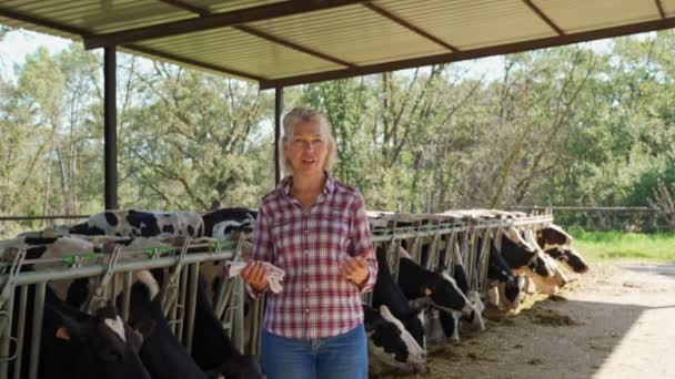 Vrouw op het platteland boerderij met melkkoe. — Stockvideo