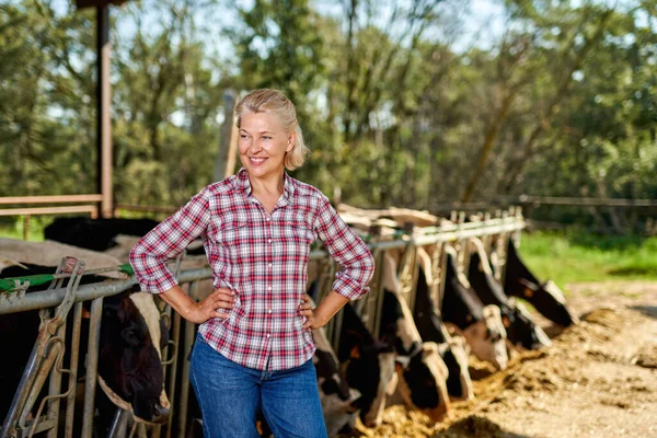 Kvinna på lantgård med mjölkko. — Stockfoto