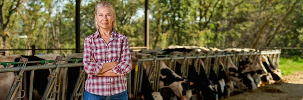 Жінка на сільській фермі з молочною коровою . — стокове фото