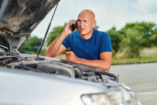 Upset driver man in front car collision accident in road — Stock Photo, Image