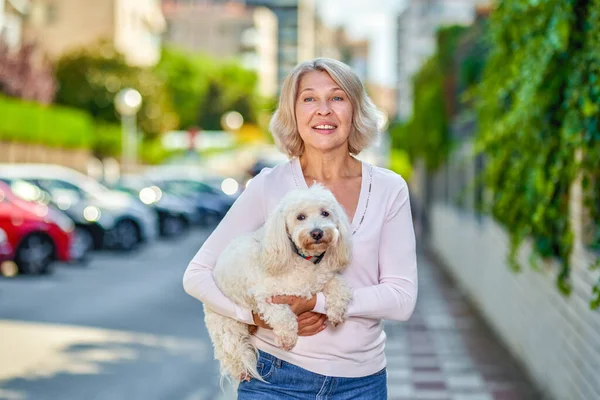 Şehir Caddesinde Kollarında Köpek Olan Bir Kadın — Stok fotoğraf