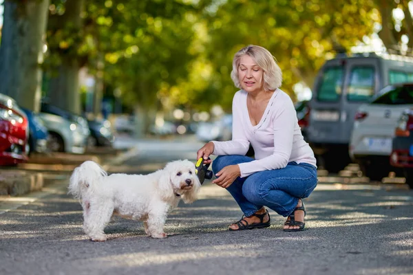 Gammal Kvinna Promenader Med Hund Utomhus — Stockfoto