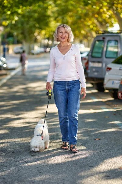 Mulher Madura Andando Com Cão Livre — Fotografia de Stock