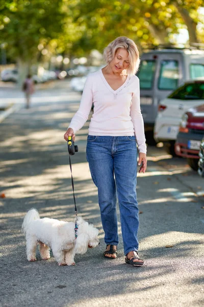 Mulher Idosa Andando Com Cão Livre — Fotografia de Stock