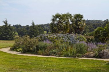 Bahçe, mavi kaynak botanik Park, yüksek Bretagne granit düzensiz bloklar tarafından noktalama işaretleriyle ve çok yıllık bitkiler birden çok mavi tonları ile oluşan.