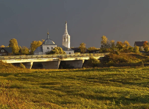 Old Rural Church Bridge Romanovo Village Autumn Thunderstorm Sunse — Stock Photo, Image