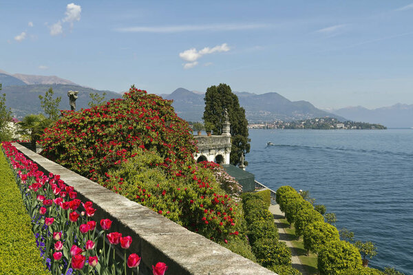 Blooming gardens of Isola Bella and view of Lake Maggior