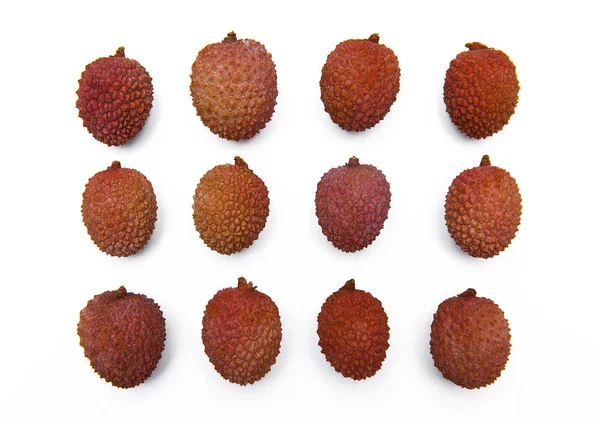 Tolv Litchi Litchi Frukter Isolerat Den Vita Bakgrunden — Stockfoto