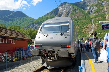Myrdal-Flam, Norveç-16 Temmuz 2018: Nefes kesen Fiyort ve dağ manzaraları Flam tren sırasında gezi Norveç bir Nutshell Tur tarihinde Norveç. Flam Flam tren Flamsbana.