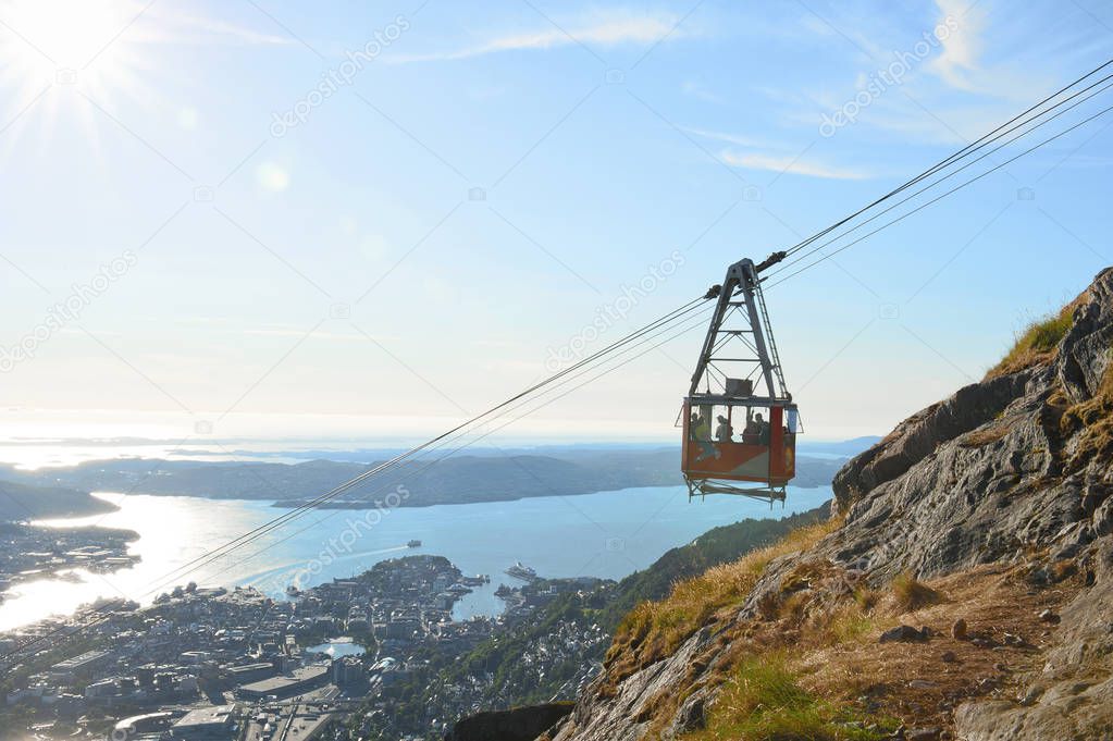BERGEN, NORWAY - JULY 19, 2018: The Ulriken Cable Car at the Mount Ulriken in Bergen, Norway