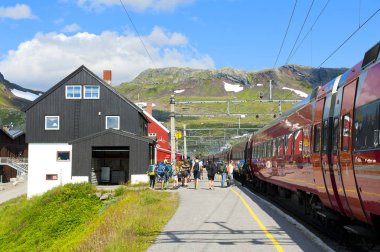 Finse, Norveç - 28 Temmuz 2019: Yolcular Finse tren istasyonunda trene biniyor