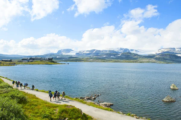 Tourists Beautiful Mountain Landscape Finse Norway July 2019 — Stock Photo, Image