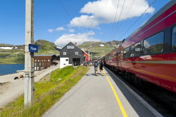 Turister Och Tåg Järnvägsstationen Finse Juli 2019 Norge — Stockfoto