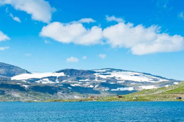Finsevatnet Gölü, karlı dağlar ve Norveç 'in Finse şehrinde buzul olan güzel manzara.