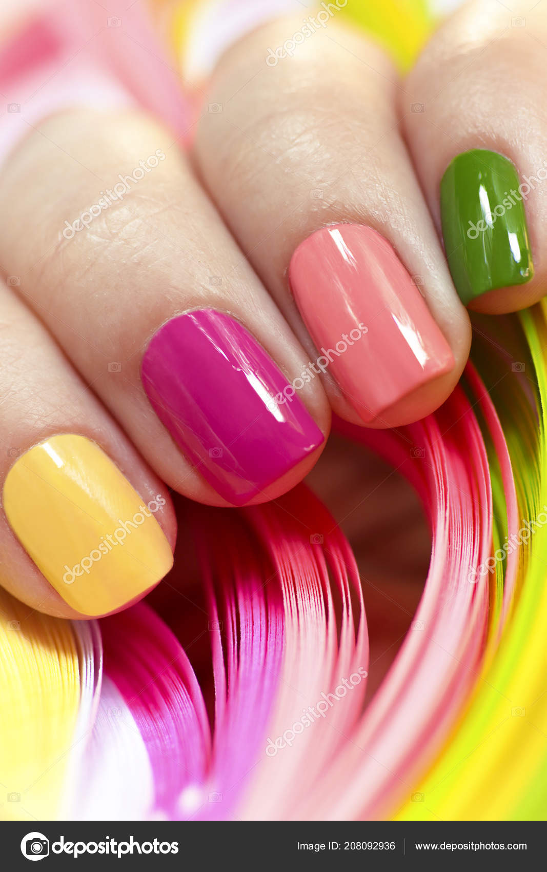 Multi-colored Manicure With Pink, Green, Yellow And Peach Nail Polish  Close-up.Summer Bright Manicure On Short Nails. Stock Photo, Picture and  Royalty Free Image. Image 106360310.
