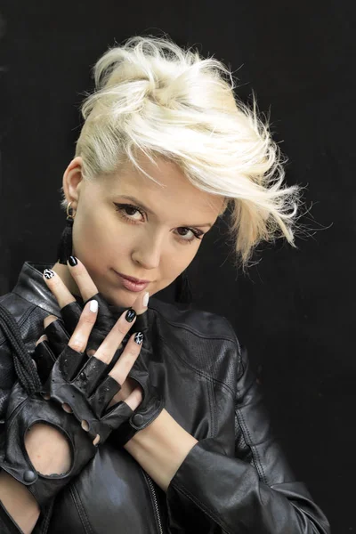 Fashionable Ash Staining Haircut Short Hair Model Dressed Black Leather — Stock Photo, Image