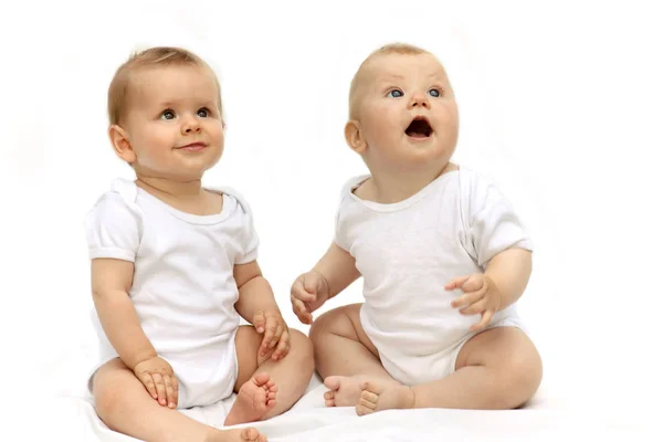 Curioso Divertido Con Diferentes Emociones Bebés Sobre Fondo Blanco — Foto de Stock