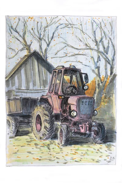Målade Rosa Sovjetiska Traktorn Värt Gatan Byn Hösten Illustration Skiss — Stockfoto