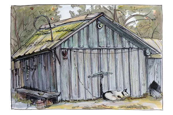 Illustration Skiss Filtpenna Byn Ladan För Folkets Behov Jordbruks Byggnad — Stockfoto