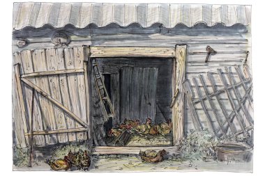 Çizim bir kroki bir keçeli kalem tarafından yapılır. Taşra hayatı. Tavuklar kümes hayvanları üretimi.