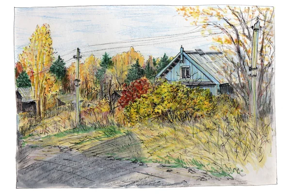 イラスト スケッチ サインペンによって行われました 村の家 通りの秋 黄色の葉 — ストック写真