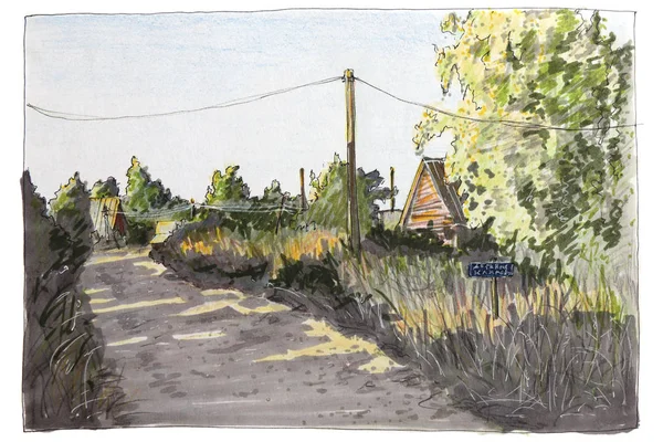 イラスト スケッチ サインペンによって行われました 夏の田園風景 村を通過する道路 — ストック写真