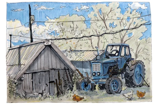 Dibujo Boceto Con Rotulador Tractor Azul Está Lado Cobertizo Con — Foto de Stock