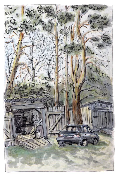 The work was done with the help of a sketch marker. A drawing of the countryside. A car at the garage in nature.