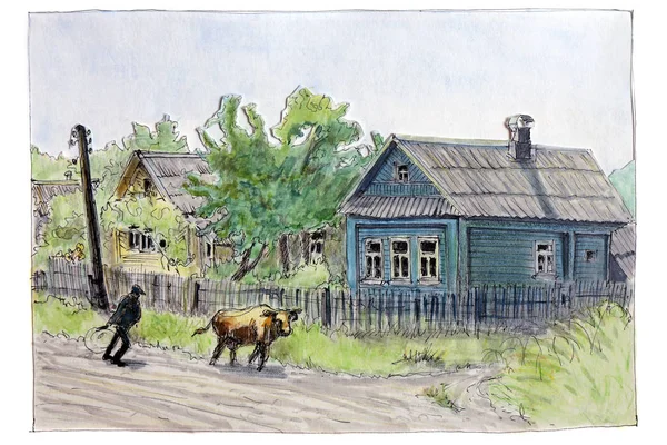 Illustration made by sketch felt-tip pen.Rustic wooden houses in summer.Shepherd drives a cow on the way home.