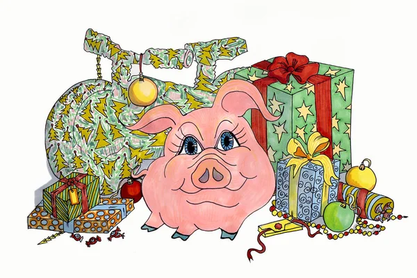 Alegre Lindo Cerdo Rosa Sobre Fondo Blanco Rodeado Regalos Navidad — Foto de Stock