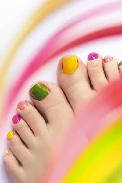 Bright Juicy Summer Pedicure Short Female Toenails Nail Art — Stock Photo, Image