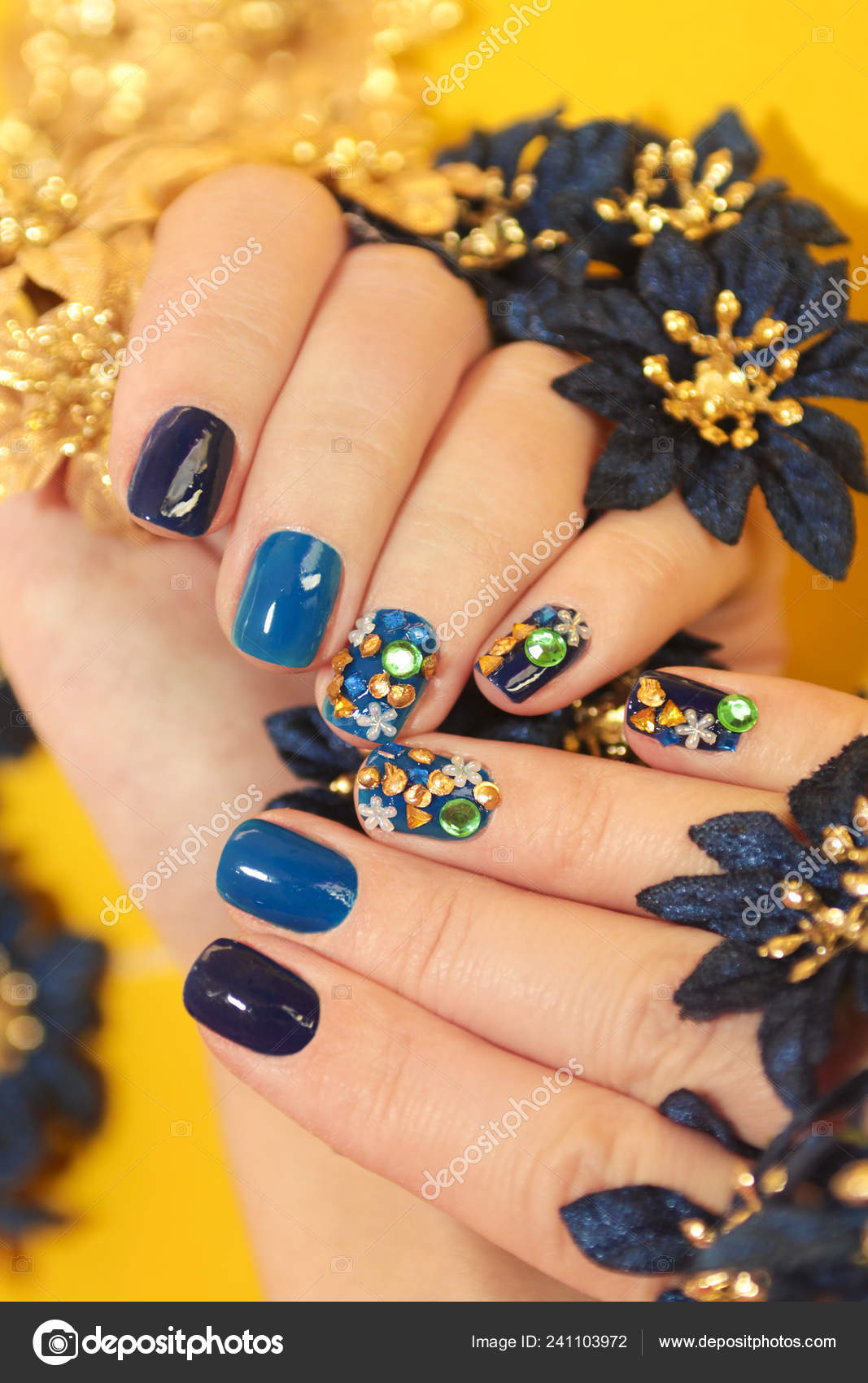 Bright Blue Manicure Design Rhinestones Different Shapes Colors Nails Close  Stock Photo by ©marigo 241103972