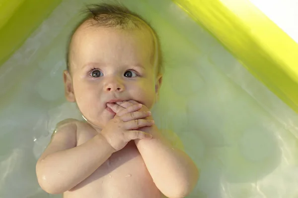 Water Procedures Newborn Little Boy Swims Water Summer Healthy Baby — Stock Photo, Image