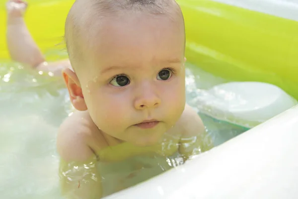 Water Procedures Newborn Little Boy Swims Water Summer Healthy Baby — Stock Photo, Image