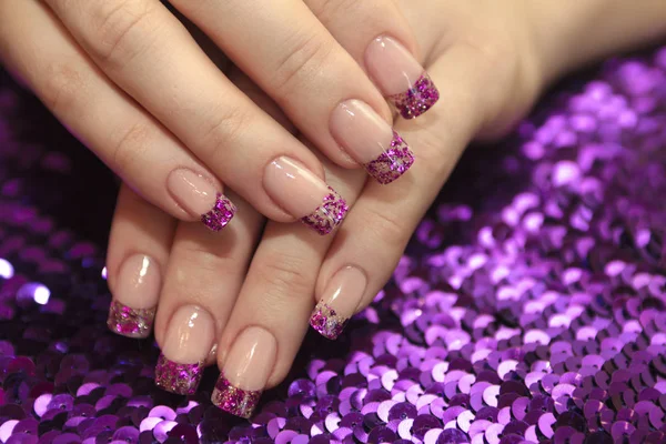 Brilliant French Manicure Lilac Golden Small Glitters Purple Background Close — Stock Photo, Image