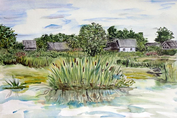 夏に池とリードの隣にロシアの田舎の伝統的な家を図 — ストック写真