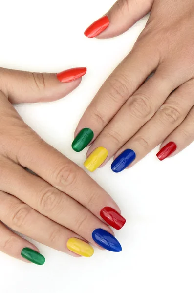 Manicure Brilhante Multicolorido Com Diferentes Formas Quadrado Oval Unhas Afiadas — Fotografia de Stock