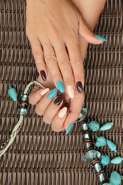 Oval Multicolored Manicure Woman Nails Nail Design Turquoise Brown Light — Stock Photo, Image