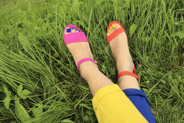 Colorful Bright Pedicure Different Pink Orange Sandals Different Blue Yellow — Stock Photo, Image