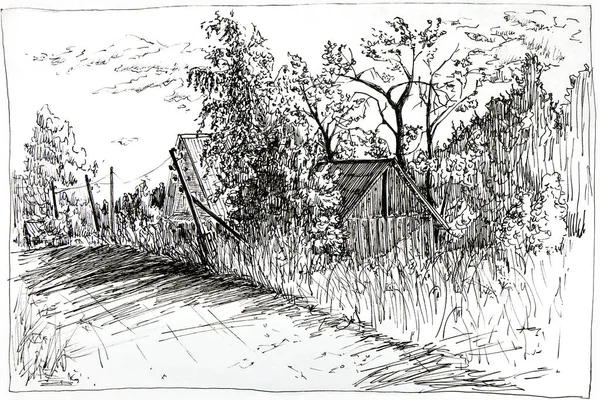 Sketch drawing in black and white design of village houses among the trees. Rural life.