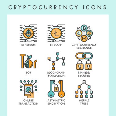 Web, uygulama, Web sitesi, rapor, sunum, vb için cryptocurrency simgeler konsept çizimler.